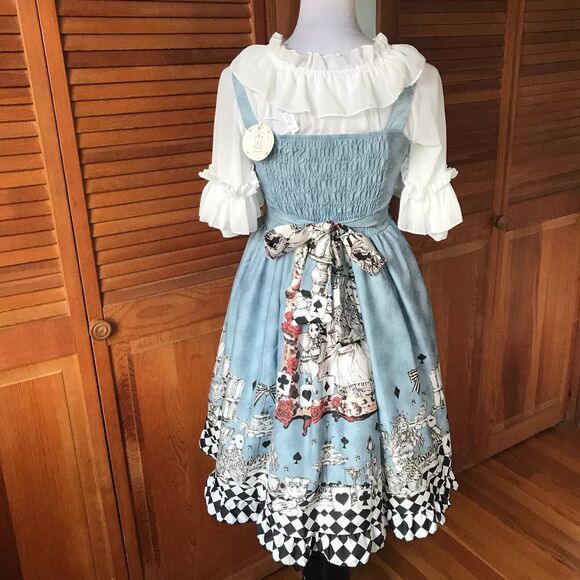 Lolita Alice in Wonderland Tea Party Follow the White Rabbit! Blue White Dress S - Picture 8 of 13